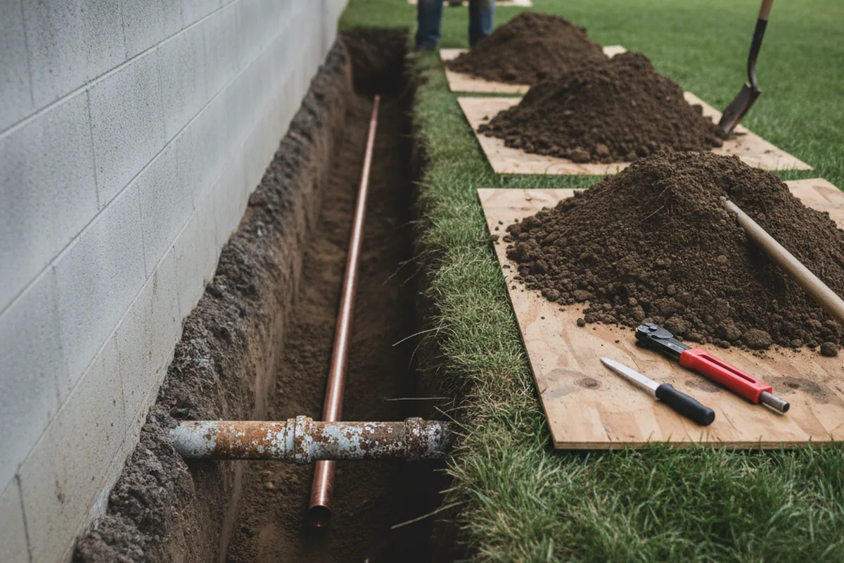 Excavated water line trench during Water Softener Installation in Epworth